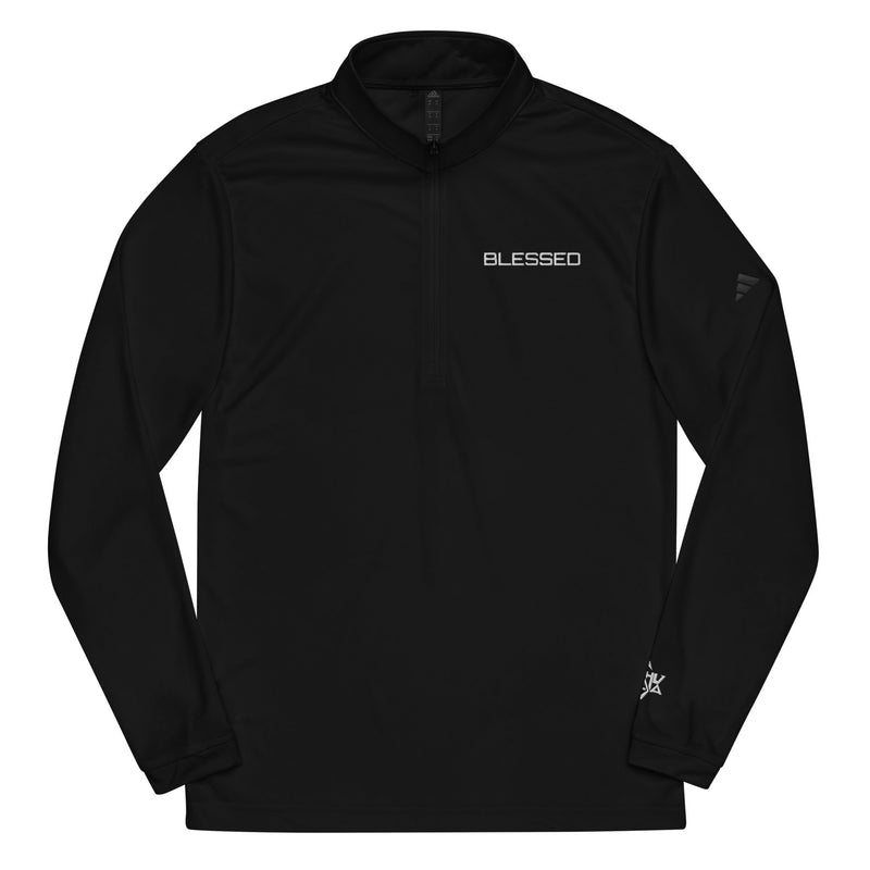 BLESSED Adidas quarter-zip workout pullover in black — Christian athletic apparel