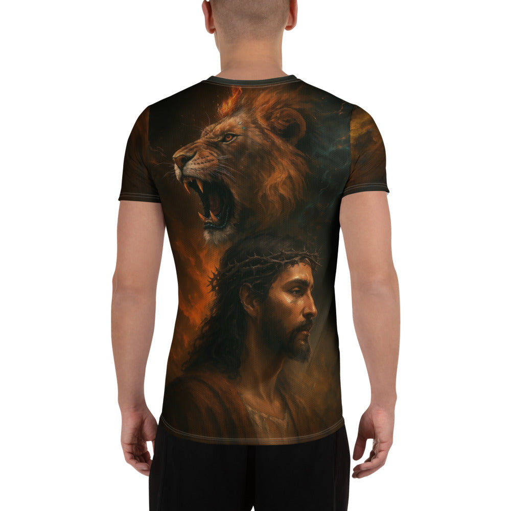 Lion and Lamb all-over print Christian tee — back view