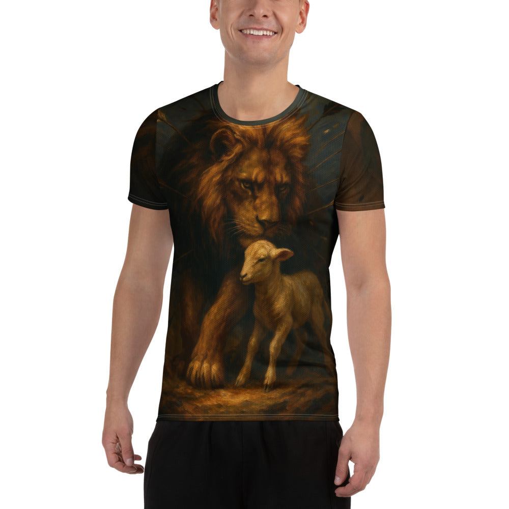 Lion and Lamb all-over print Christian tee — front view KingJesus.shop