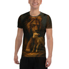 Lion and Lamb all-over print Christian tee — front view KingJesus.shop