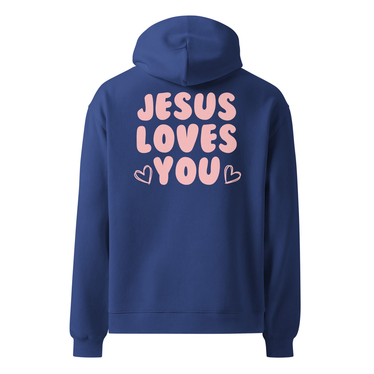 Jesus Loves You oversized hoodie in cobalt — back view