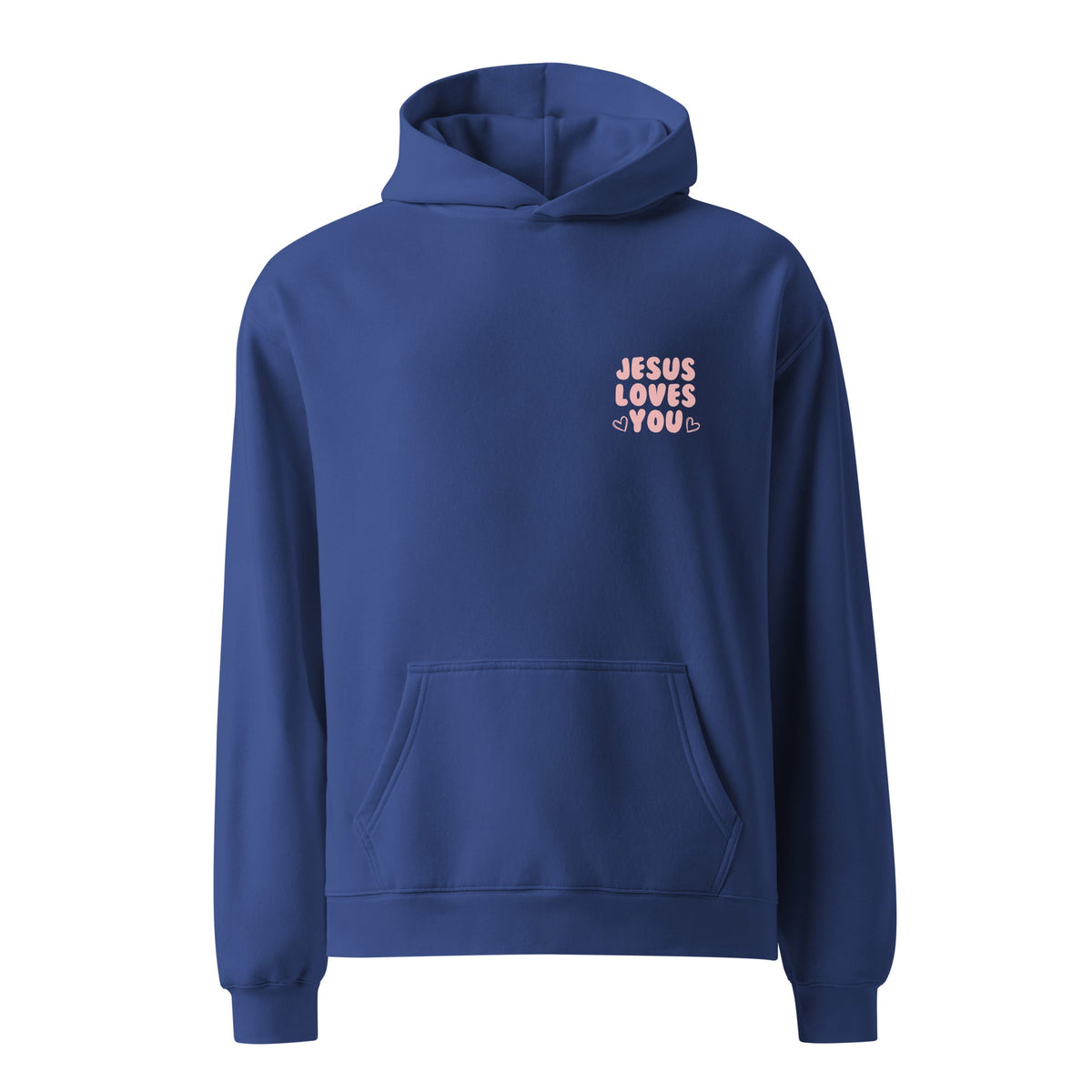 Jesus Loves You oversized hoodie in cobalt — front view