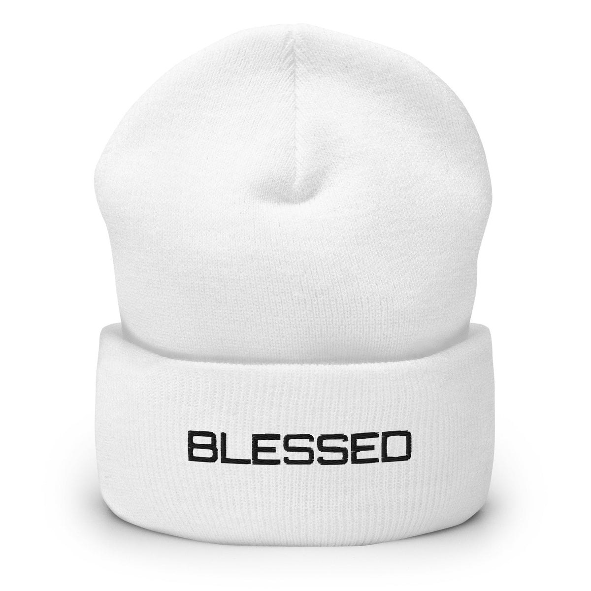 BLESSED embroidered cuffed beanie in white — faith-based accessory KingJesus.shop