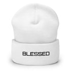 BLESSED embroidered cuffed beanie in white — faith-based accessory KingJesus.shop