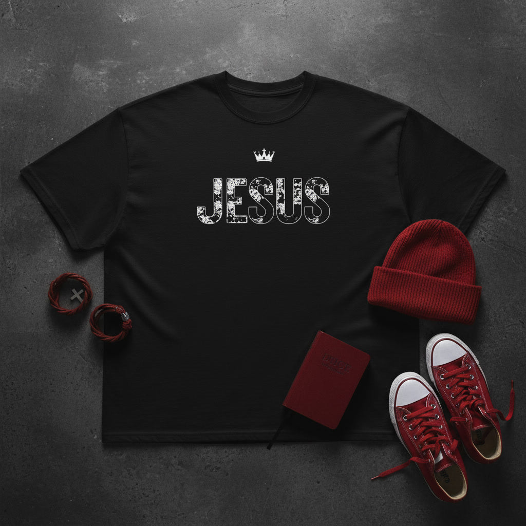 JESUS Crown oversized tee in black flat lay — bold white JESUS print with crown, Christian streetwear
