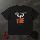 Holy Spirit Fire oversized tee in black flat lay — descending dove over burning orange FIRE type, Acts 2:3, KingJesus.shop