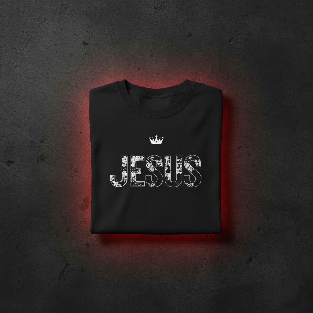 JESUS Crown oversized tee in black folded — distressed JESUS wordmark under cross-topped crown, KingJesus.shop