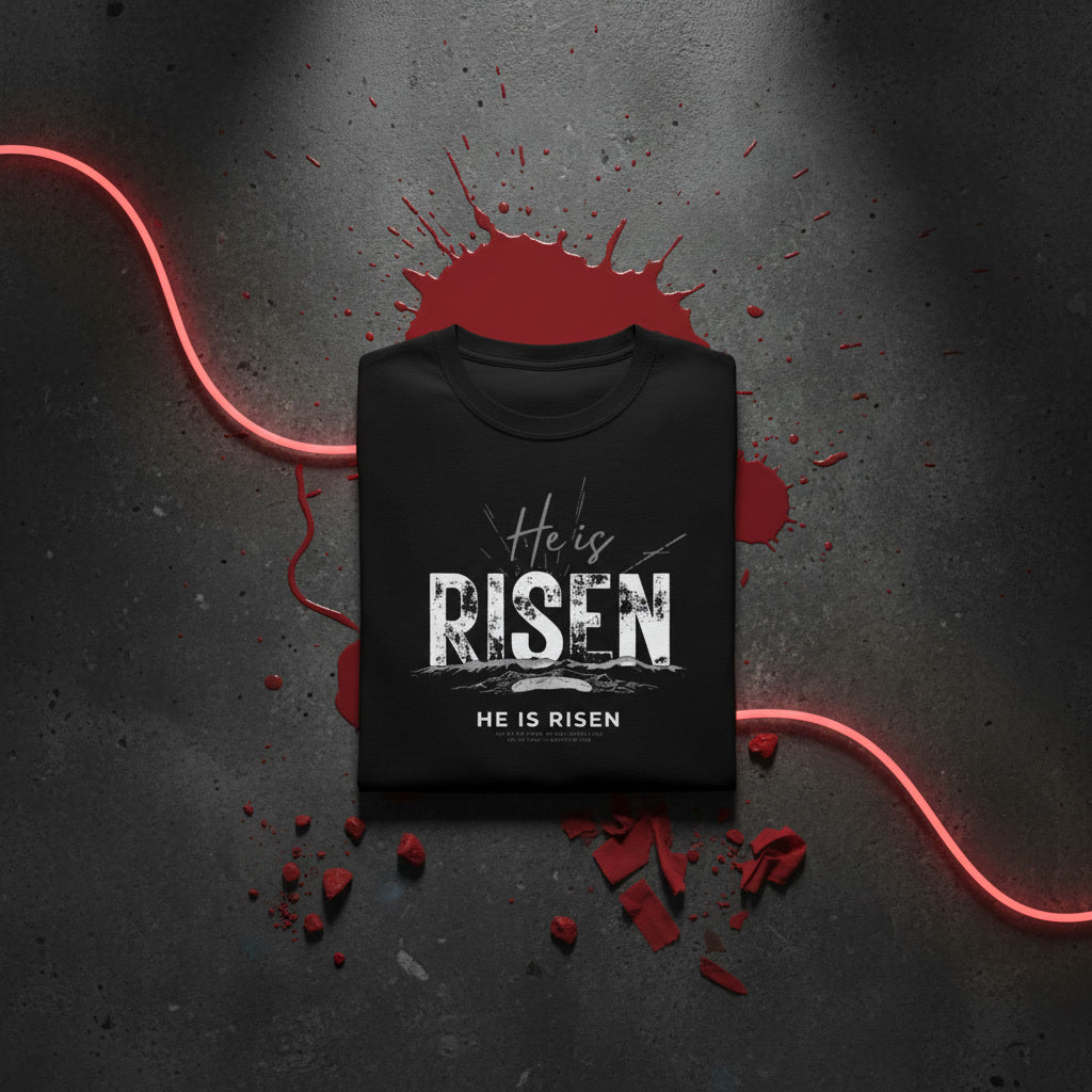 He Is Risen organic oversized tee in black folded — empty tomb and rolled stone print, Matthew 28:6, KingJesus.shop