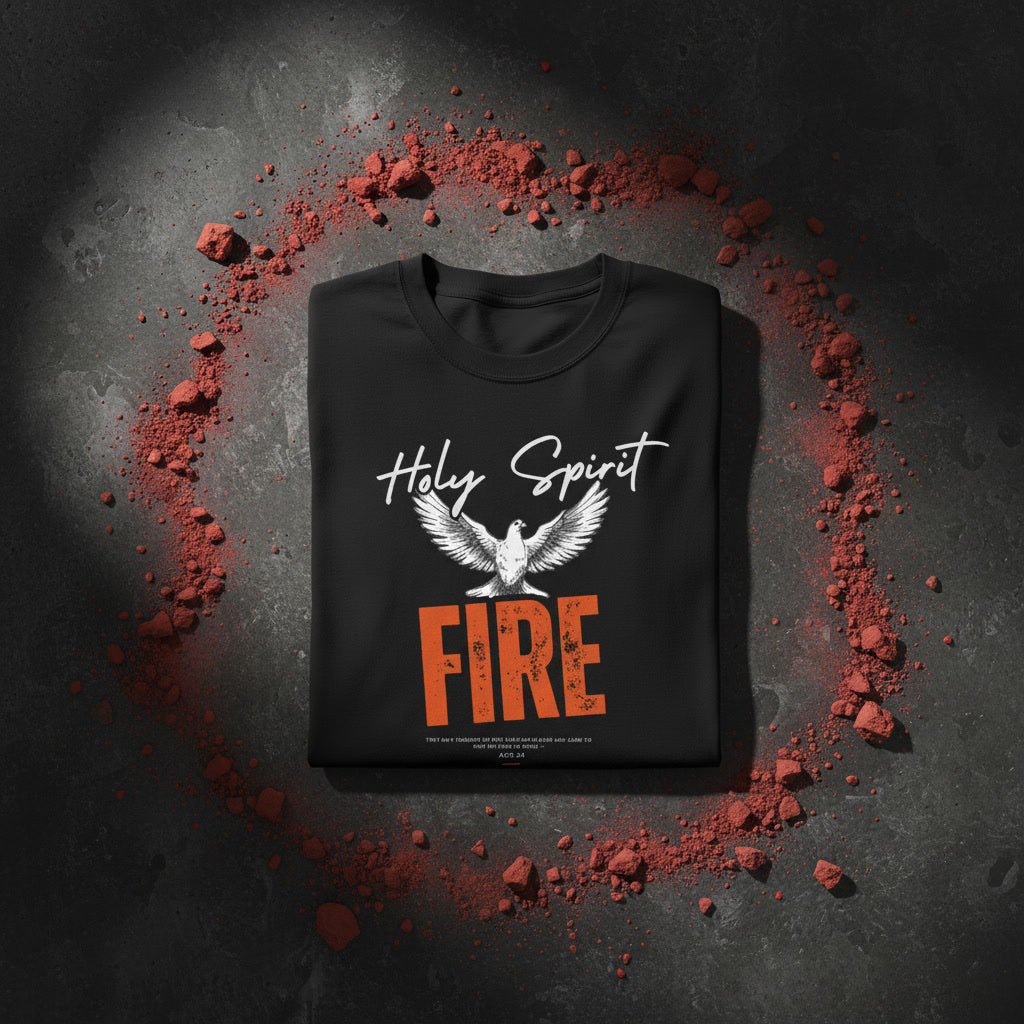 Holy Spirit Fire oversized tee in black folded — Pentecost dove and fire print, Christian streetwear
