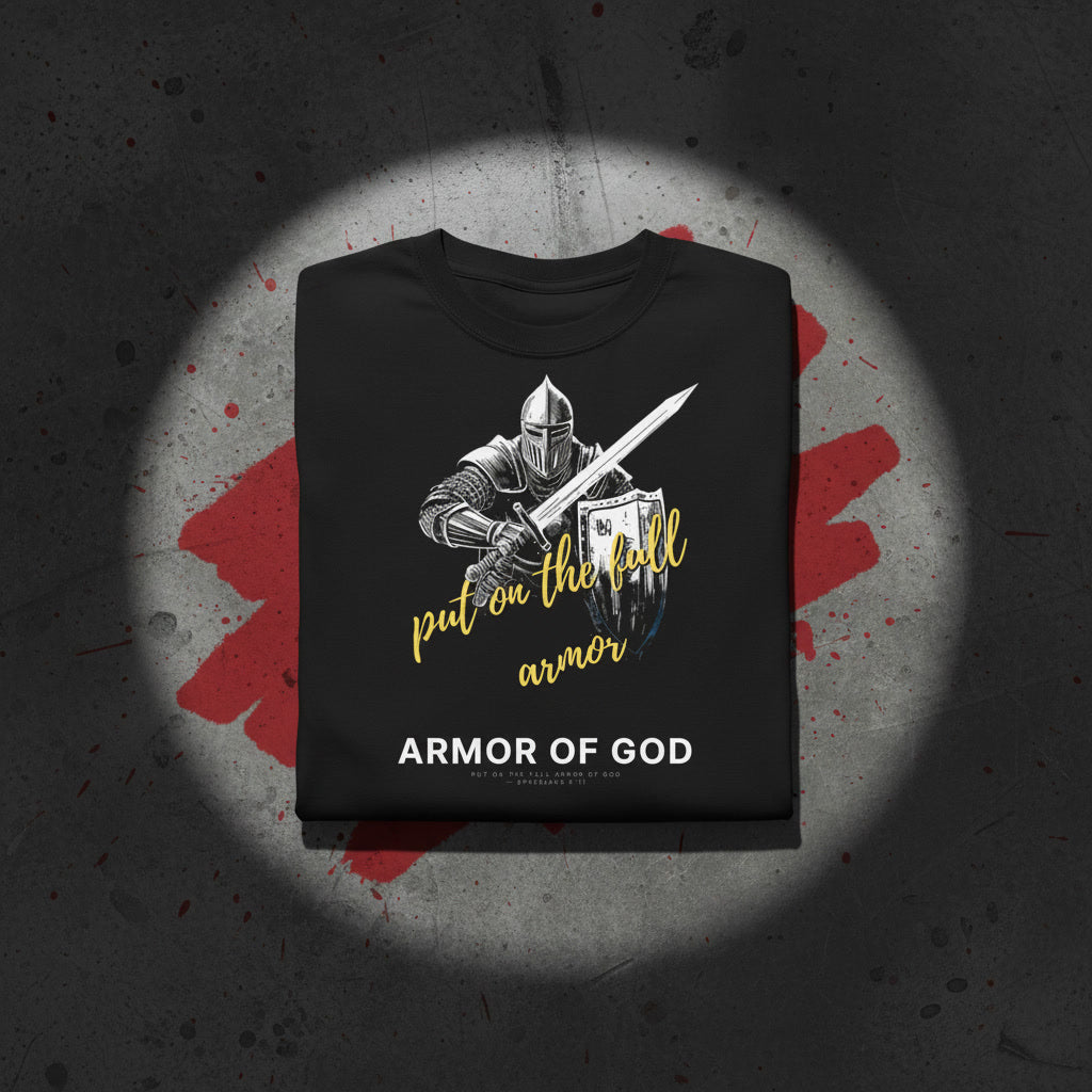 Armor of God oversized tee in black folded — knight with sword and shield, Ephesians 6:11, KingJesus.shop