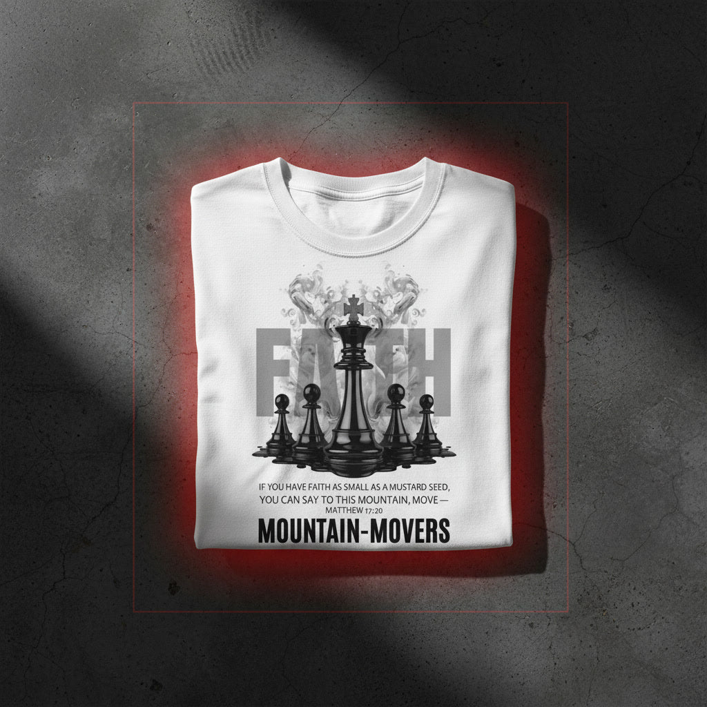 Mountain Movers oversized tee in white folded — FAITH chess print, mustard seed faith moves mountains