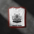 Mountain Movers oversized tee in white folded — FAITH chess print, mustard seed faith moves mountains