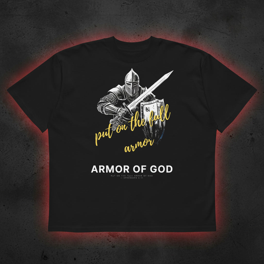 Armor of God oversized tee in black flat lay — put on the full armor knight print, Christian streetwear