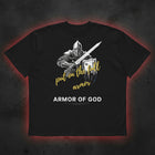 Armor of God oversized tee in black flat lay — put on the full armor knight print, Christian streetwear