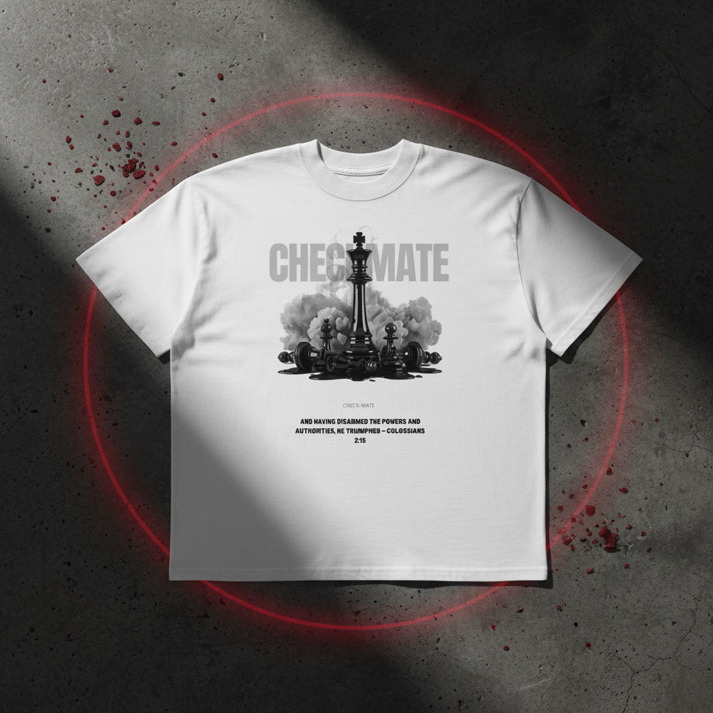 Checkmate oversized tee in white flat lay — CHECKMATE chess print, every power disarmed, Christian streetwear