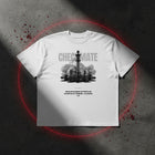 Checkmate oversized tee in white flat lay — CHECKMATE chess print, every power disarmed, Christian streetwear