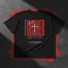 It Is Finished oversized tee in black flat lay — cross on Calvary in blood red, John 19:30, KingJesus.shop