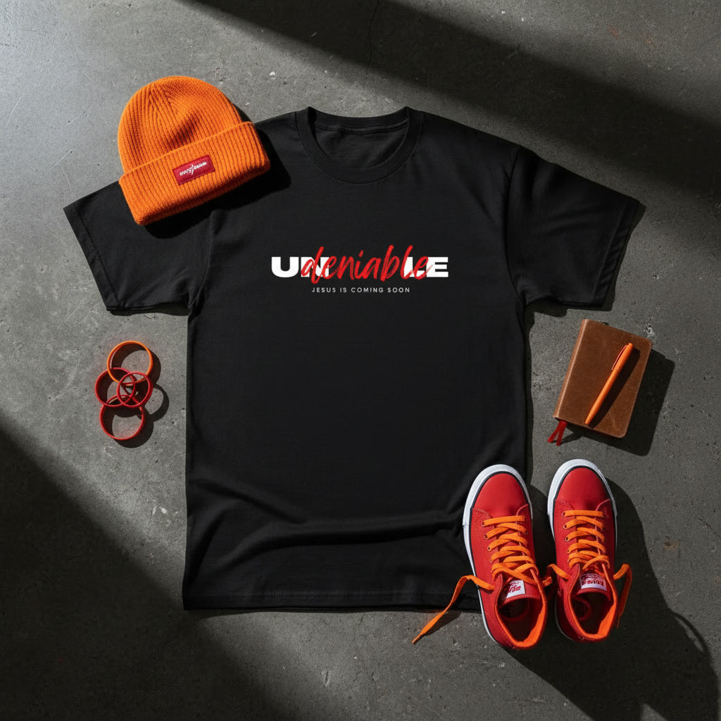 Undeniable DTG tee — bold Christian graphic tee flat lay KingJesus.shop