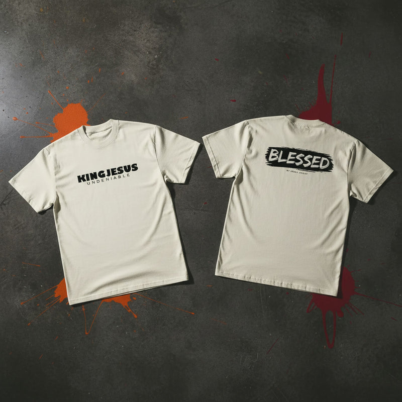BLESSED oversized faded Christian tee — flat lay lifestyle KingJesus.shop