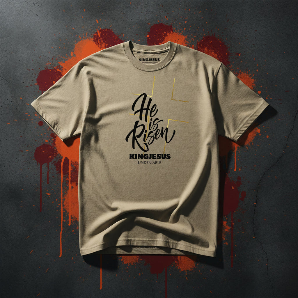 He Is Risen oversized faded tee — Christian streetwear flat lay KingJesus.shop