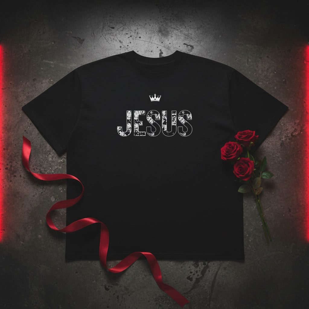 JESUS Crown organic oversized tee in black — high-neck drop-shoulder silhouette, KingJesus.shop