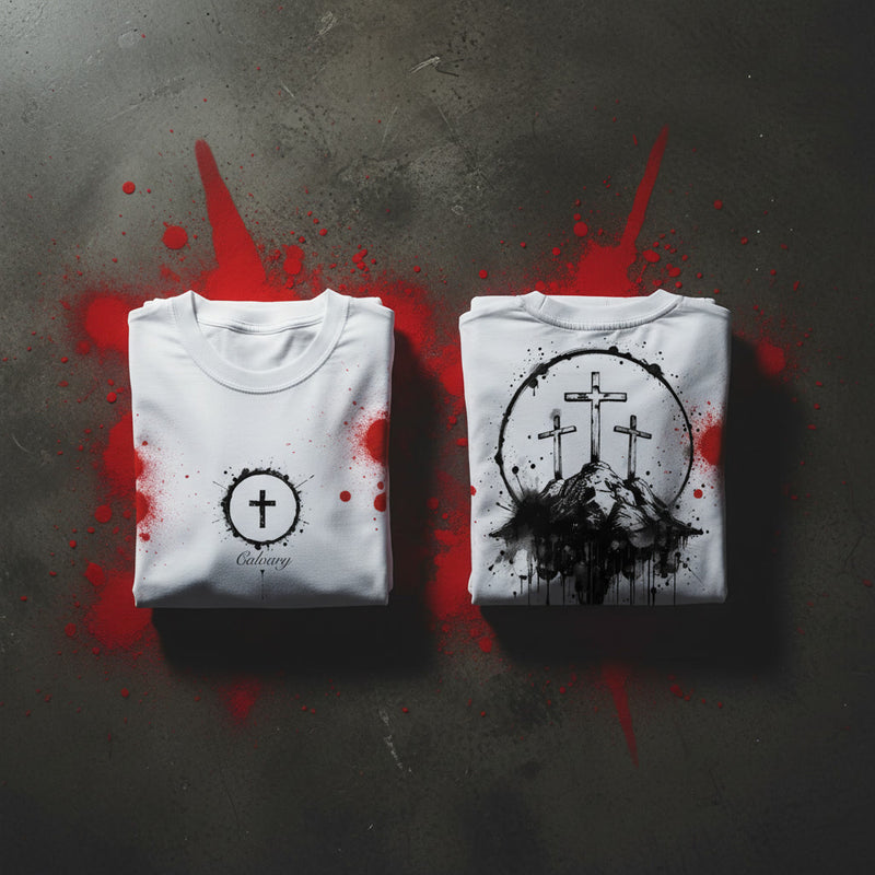 Calvary oversized tee in white folded — circle-framed cross front print, front and back Christian streetwear