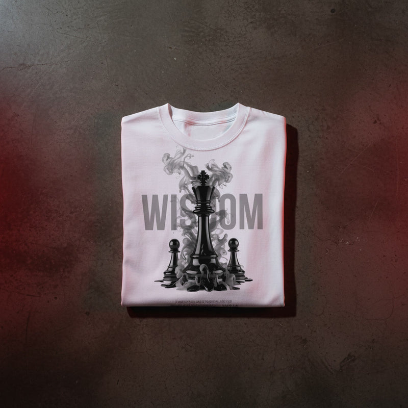 WISDOM chess oversized tee in white — black chess king in rising smoke, James 1:5, KingJesus.shop Christian streetwear