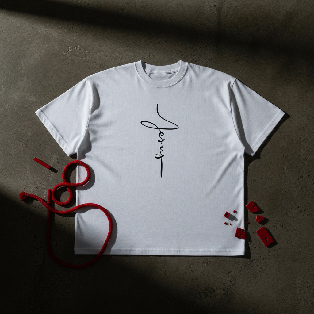 By His Wounds oversized tee in white flat lay — ink-wash hand print, by His wounds we are healed