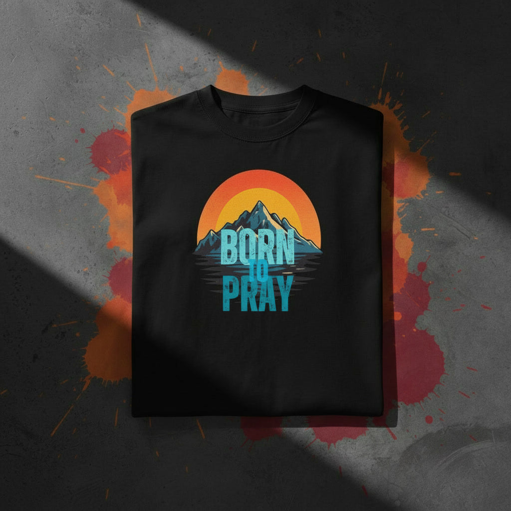 Born to Pray kids Christian tee — bold graphic on dark concrete surface