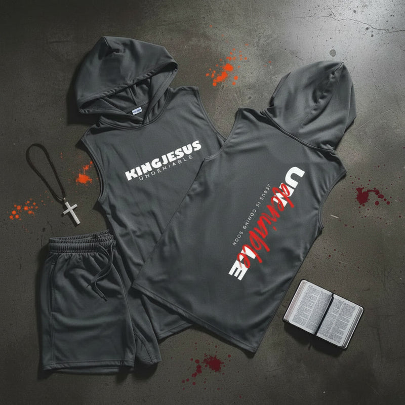 Undeniable sleeveless hoodie — Christian athletic apparel lifestyle shot KingJesus.shop