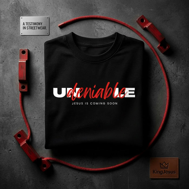 Undeniable Label tee — bold Christian graphic tee flat lay KingJesus.shop
