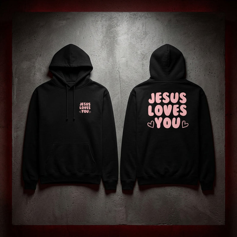 Jesus Loves You oversized Christian hoodie — John 3:16 faith streetwear front view KingJesus.shop