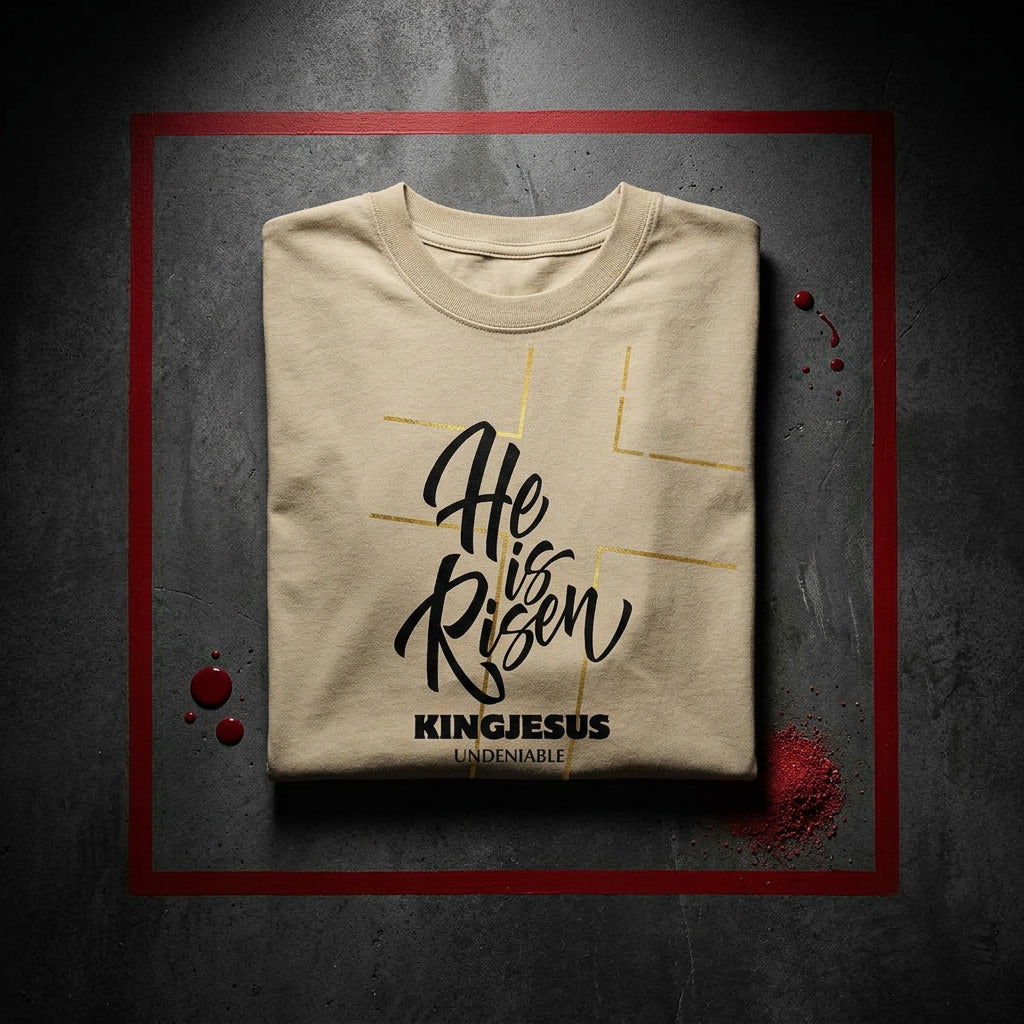 He Is Risen oversized tee — folded flat lay on dark concrete surface