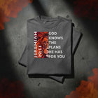 JEREMIAH 29:11 oversized tee folded on dark concrete — bold scripture streetwear