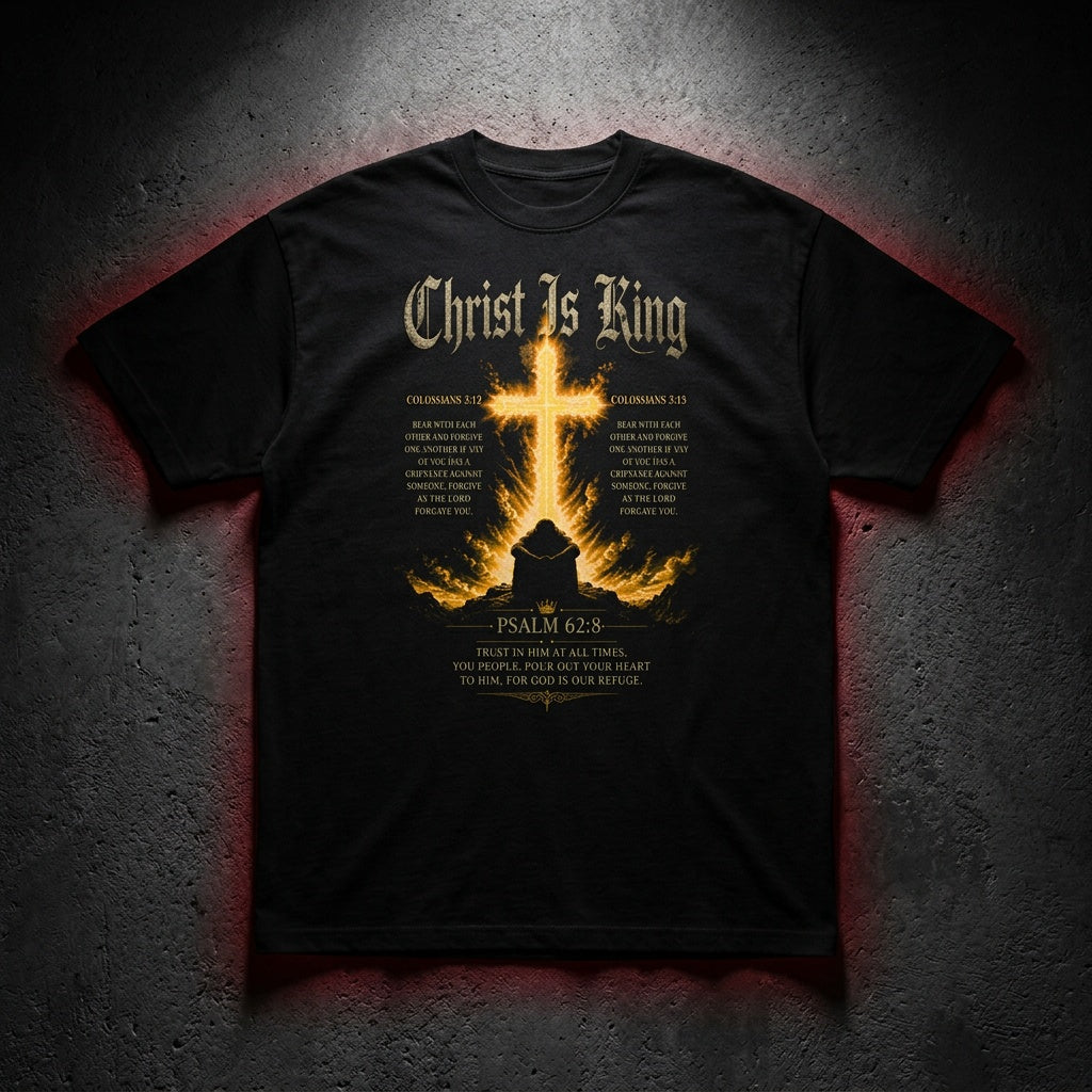 Christ Is King Premium Heavyweight Tee — flat lay DTG print on dark concrete