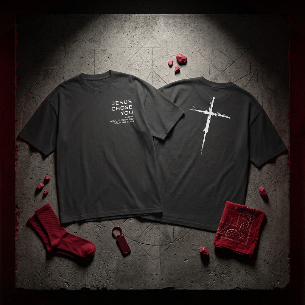 Jesus Chose You oversized tee — DTF print Christian streetwear, faded black cotton