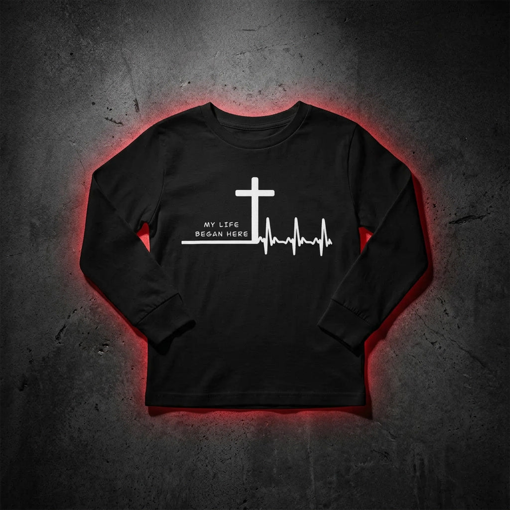 My Life Began Here youth long sleeve Christian tee — John 3:3 kids faith apparel KingJesus.shop