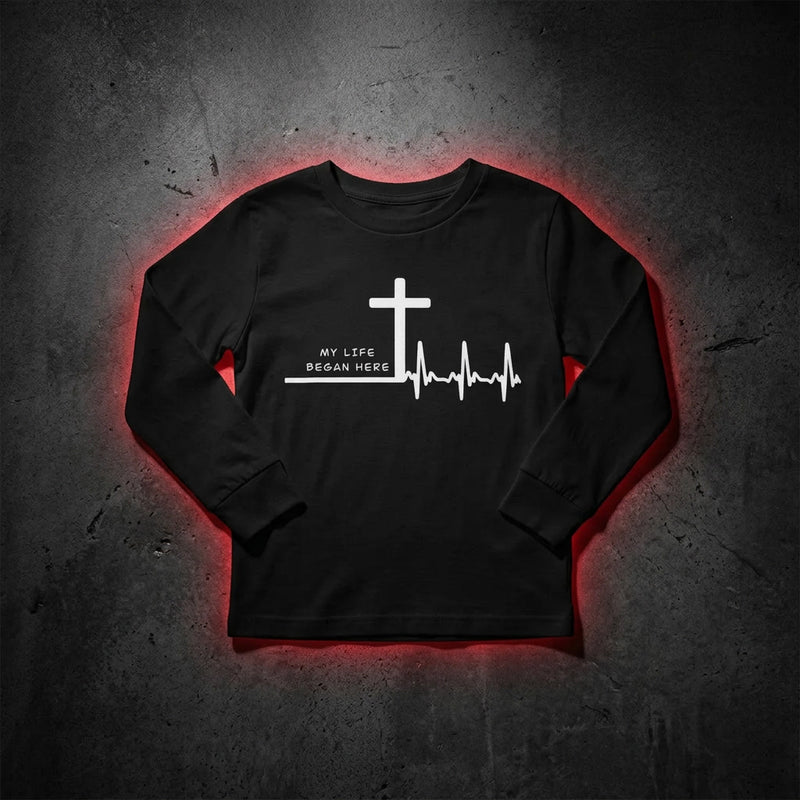 My Life Began Here youth long sleeve Christian tee — John 3:3 kids faith apparel KingJesus.shop