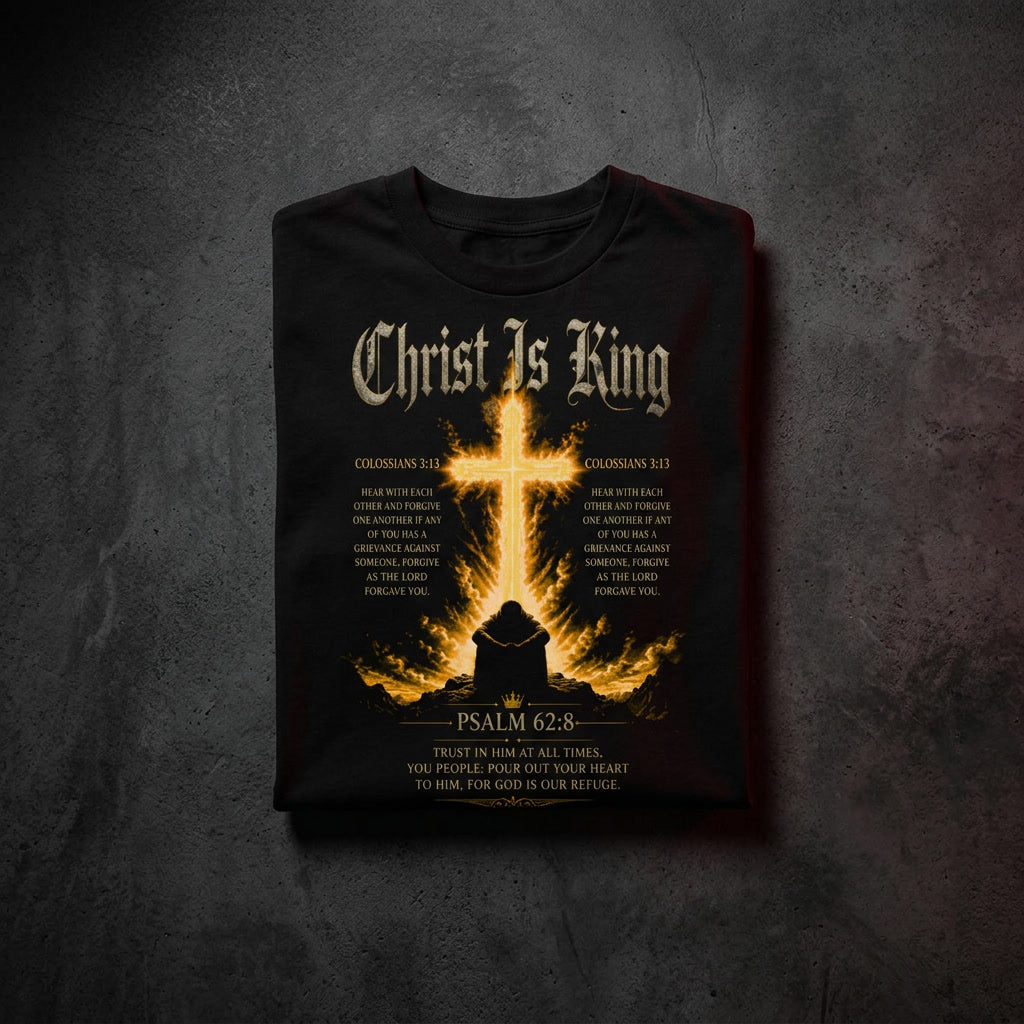 Christ Is King Premium Heavyweight Tee — fire cross DTG print front view