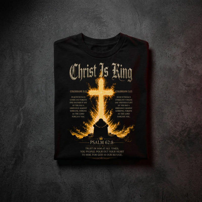 Christ Is King Premium Heavyweight Tee — fire cross DTG print front view