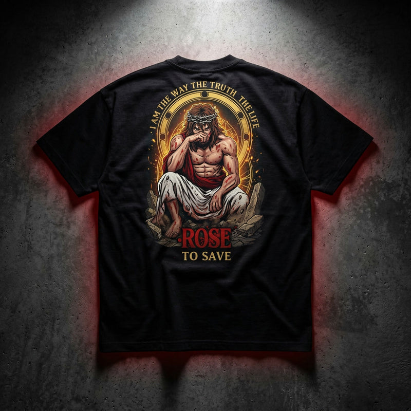 Rose to Save premium heavyweight Christian tee — DTF resurrection print, John 3:16 KingJesus.shop