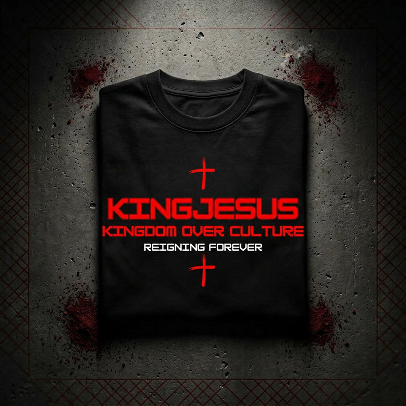 Kingdom Over Culture heavyweight Christian tee in black — bold red KINGJESUS DTF print KingJesus.shop