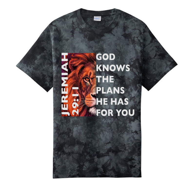 Jeremiah 29:11 tie-dye Christian tee in black — front view KingJesus.shop