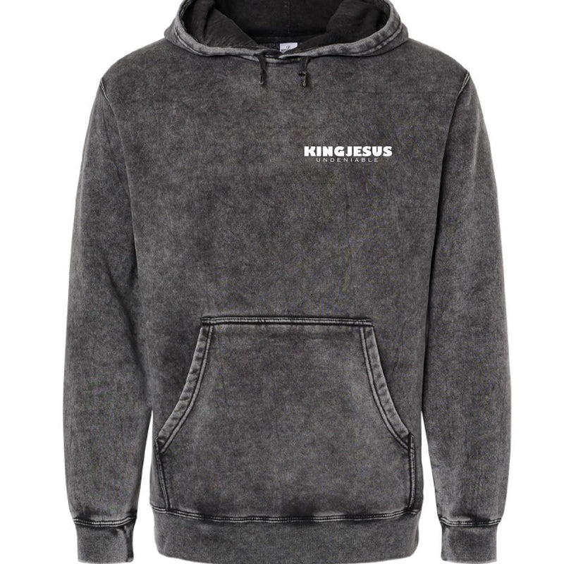 Acid washed hoodie in black — front view KingJesus Christian streetwear
