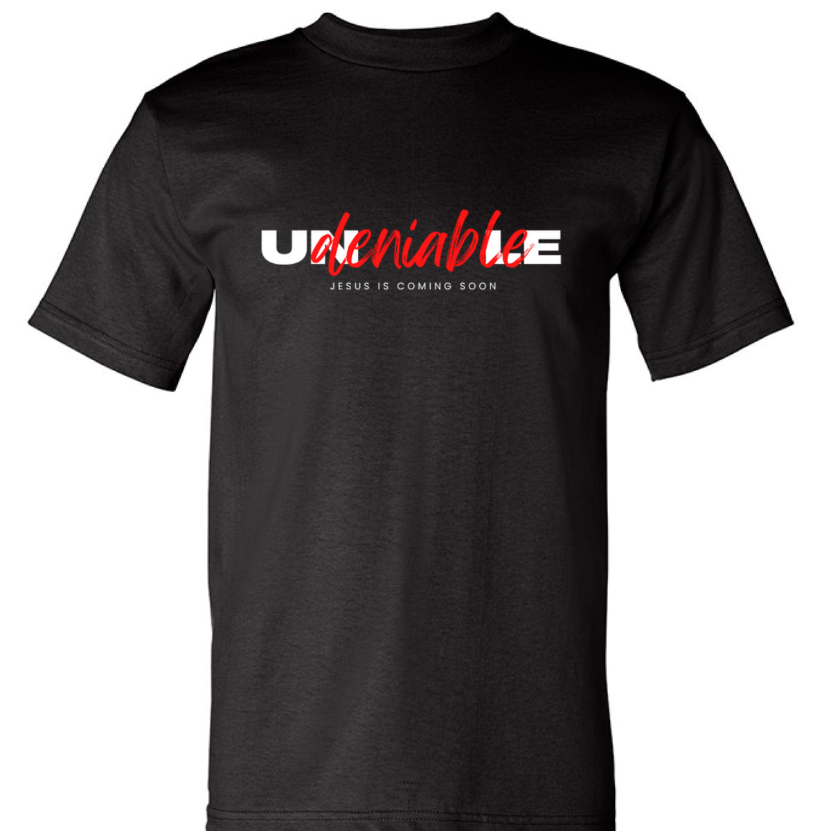 Undeniable Label tee in black — front view KingJesus.shop