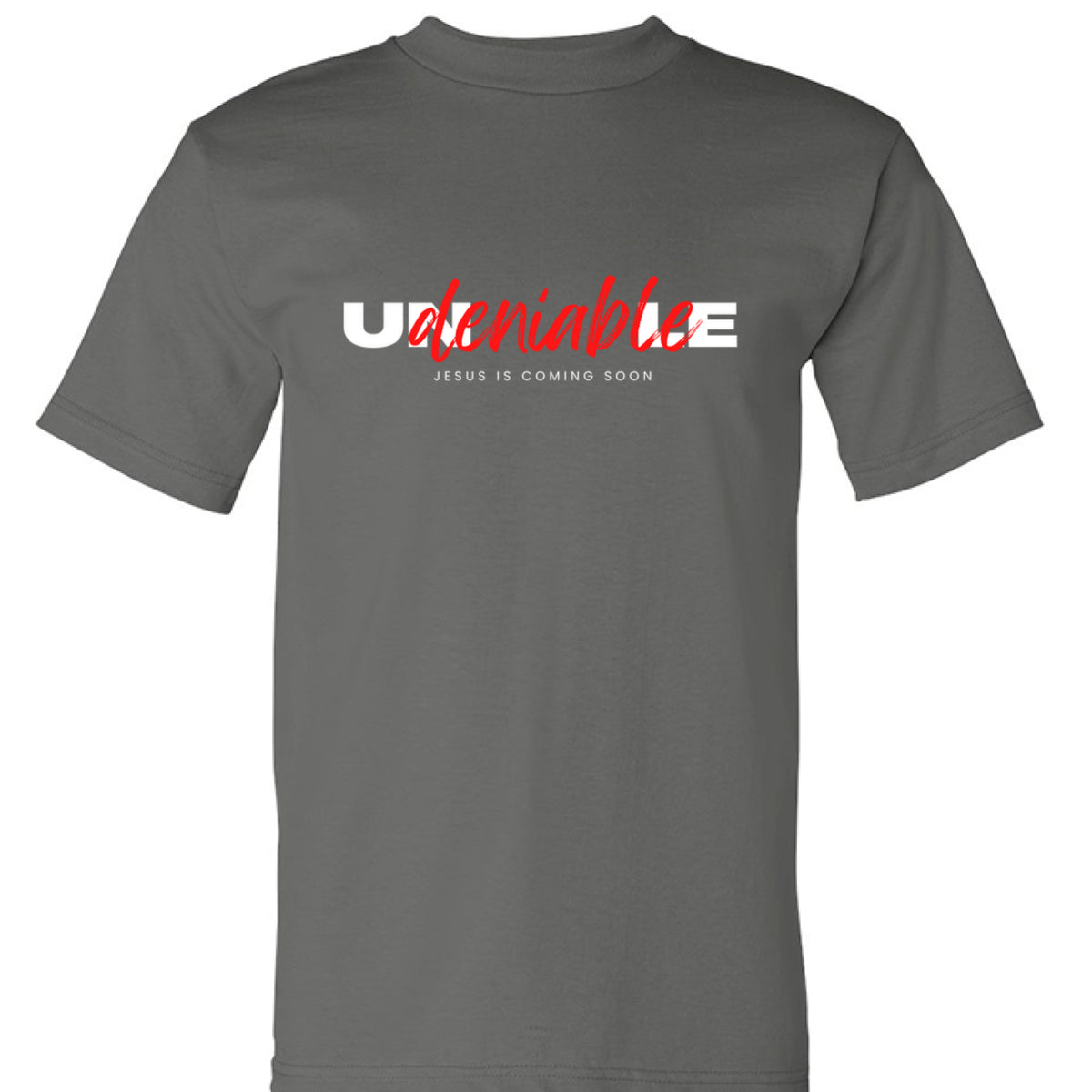 Undeniable Label tee in charcoal — front view