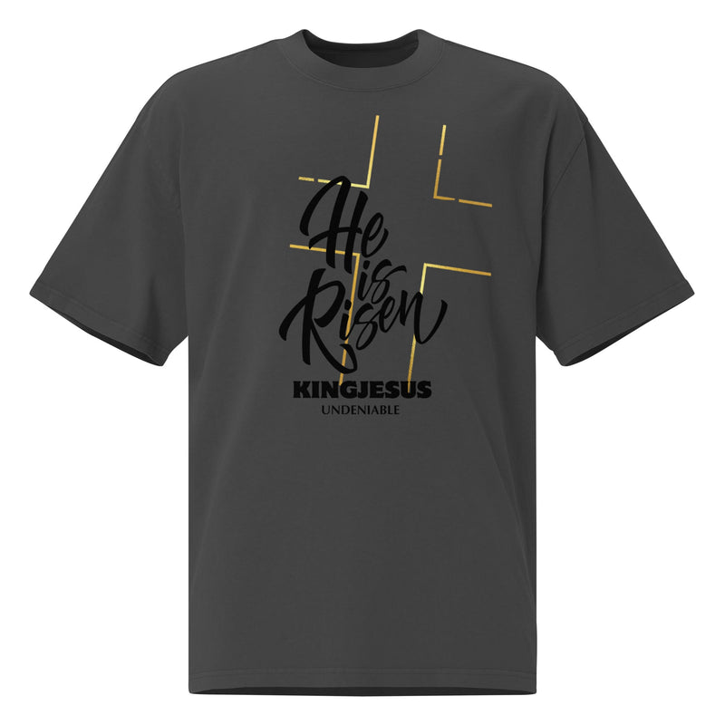 He Is Risen oversized Christian tee in faded black — front view KingJesus.shop