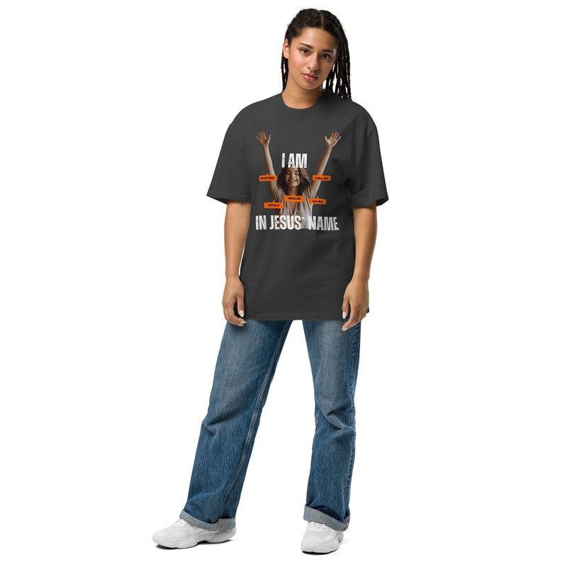 I Am In Jesus Name oversized faded tee in faded black — front view KingJesus.shop