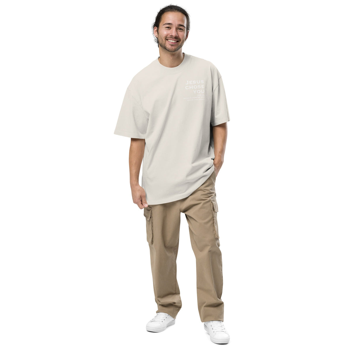 Jesus Chose You oversized Christian tee in faded bone — front view