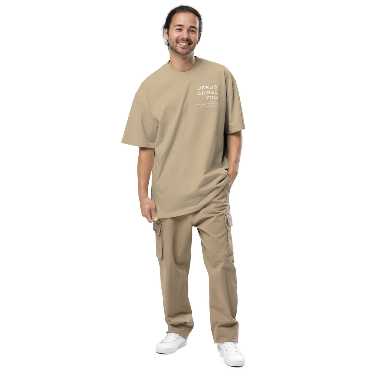 Jesus Chose You oversized tee faded khaki — back view